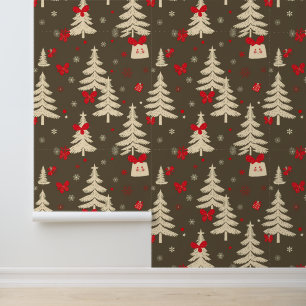 Rustic Christmas Trees and Red Bows Wallpaper
