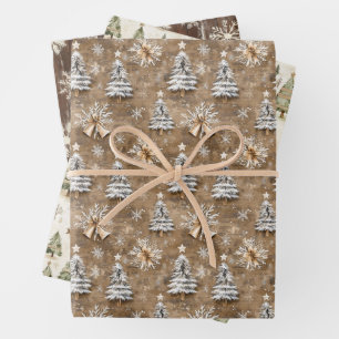 Rustic Christmas Trees, Bells and Snowflakes Wrapping Paper Sheet