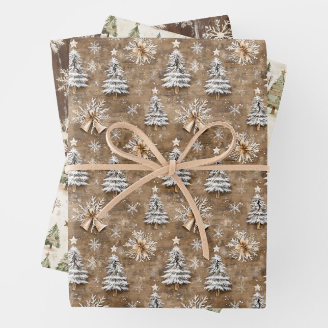 Rustic Christmas Trees, Bells and Snowflakes Wrapping Paper Sheet (In situ)