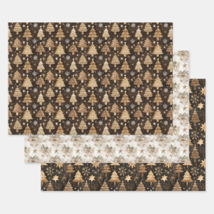 Rustic Christmas Trees, Bow and Stars Wrapping Paper Sheet