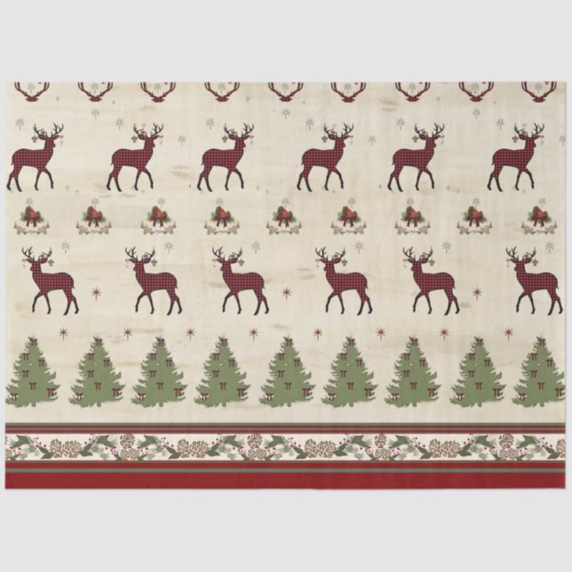 Rustic Christmas Trees Deer Buffalo Plaid w Wood  Tissue Paper (Front)