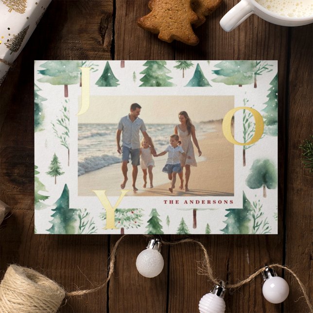Rustic Christmas Trees Joy Photo Holiday Foil Card (Creator Uploaded)