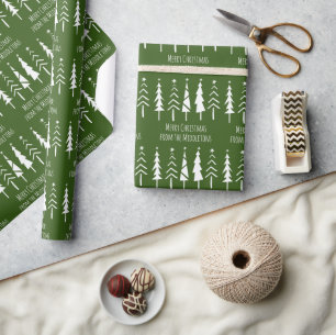 Rustic Christmas Trees on Green Personalised Wrapping Paper
