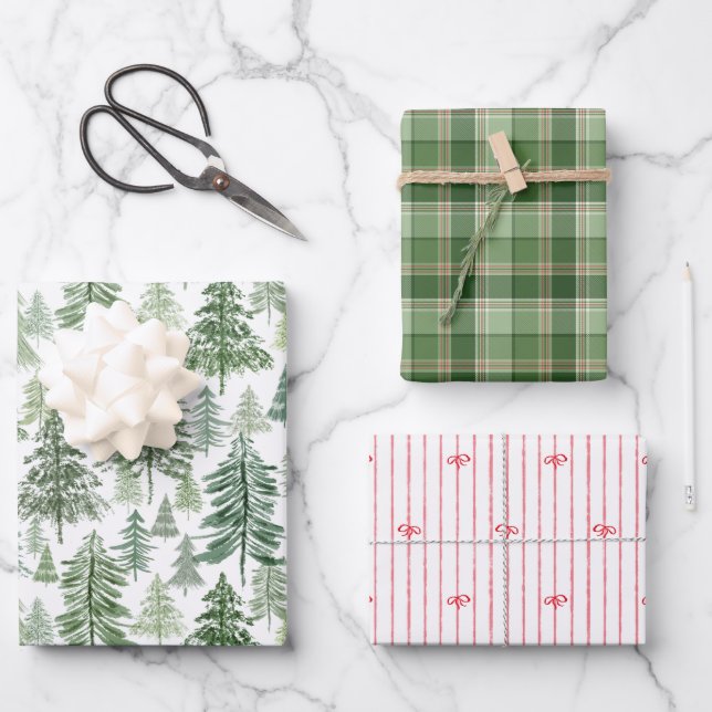 Rustic Christmas Trees Plaid and Red Stripe Bows Wrapping Paper Sheet (Front)