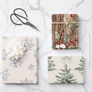Rustic Christmas Trees Snowflakes  Wrapping Paper Sheet