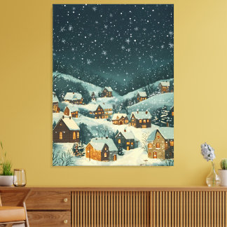 Rustic Christmas Village Under a Starry Snowfall Canvas Print