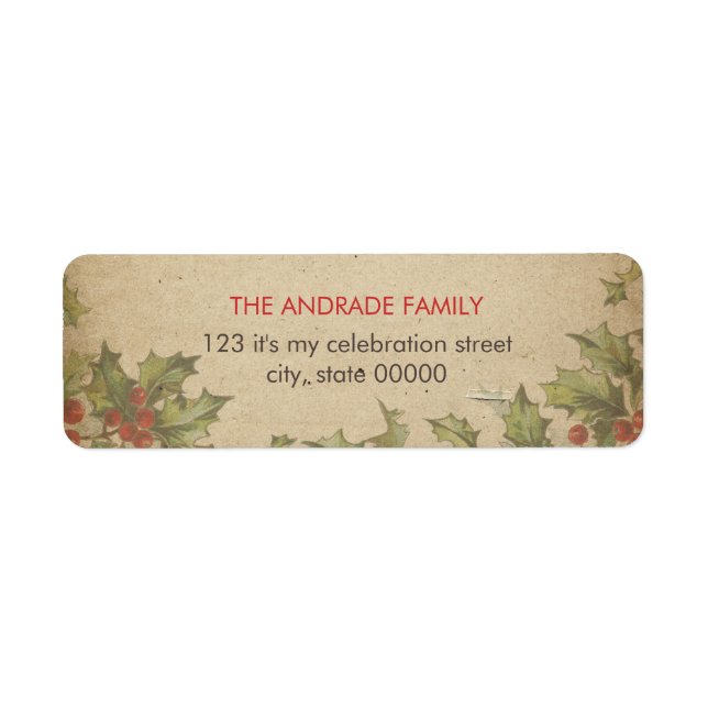 Rustic Christmas Vintage Holly Leaves Red Berries (Front)