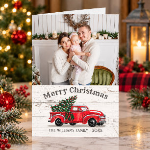 Rustic Christmas Vintage Red Truck Photo Wood Holiday Card