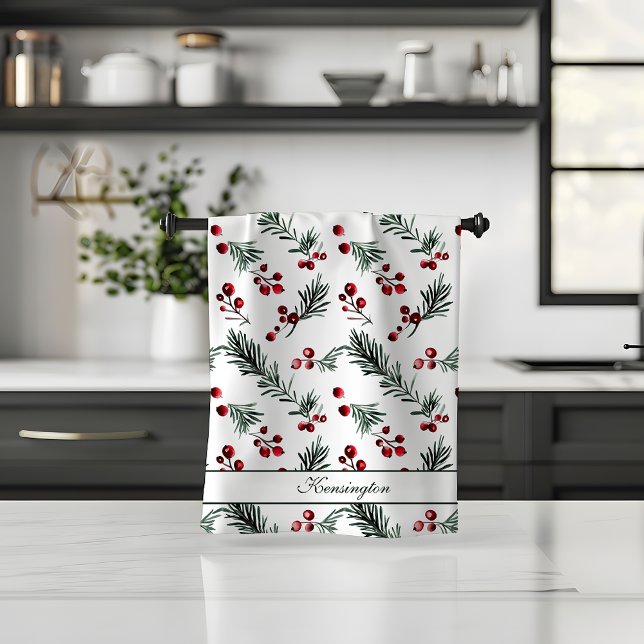 Rustic Christmas Watercolor Botanical Your Name Tea Towel (Rustic Christmas Watercolor Botanical Your Name Kitchen Towel)