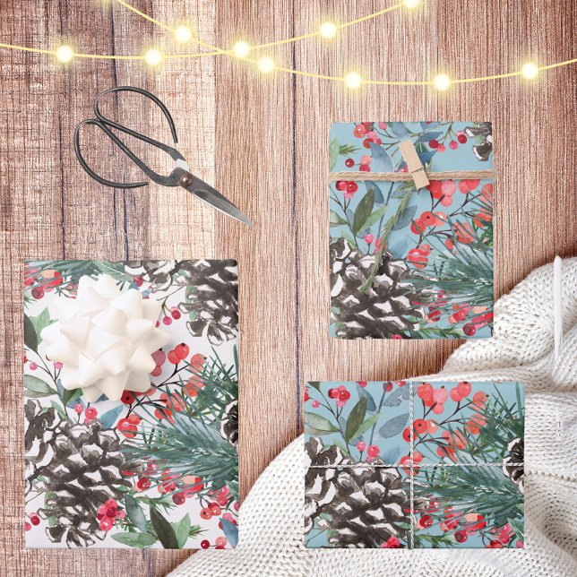 Rustic Christmas Watercolor Pinecones & Berries Wrapping Paper Sheet (Creator Uploaded)