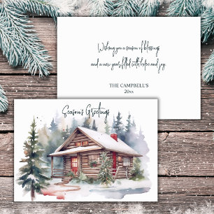 Rustic Christmas Watercolor Woodland Cabin Holiday Card