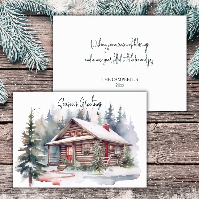 Rustic Christmas Watercolor Woodland Cabin  Holiday Card (Creator Uploaded)