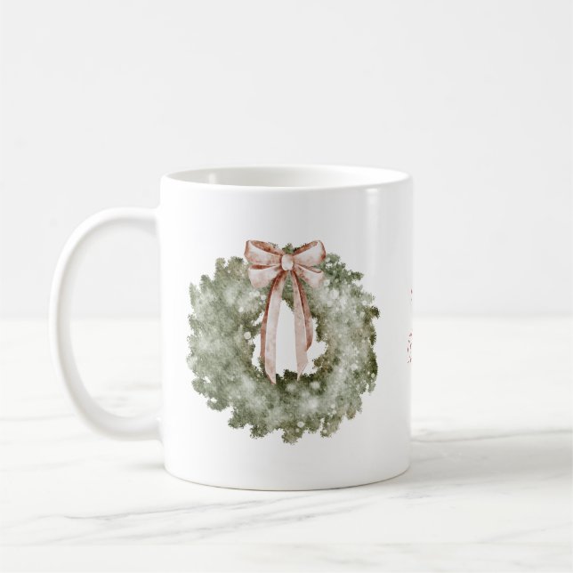 Rustic Christmas Watercolor Wreath and Bow Coffee Mug (Left)