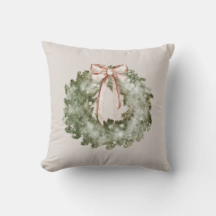 Rustic Christmas Watercolor Wreath and Bow Cushion