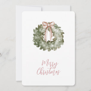 Rustic Christmas Watercolor Wreath and Bow Holiday Card