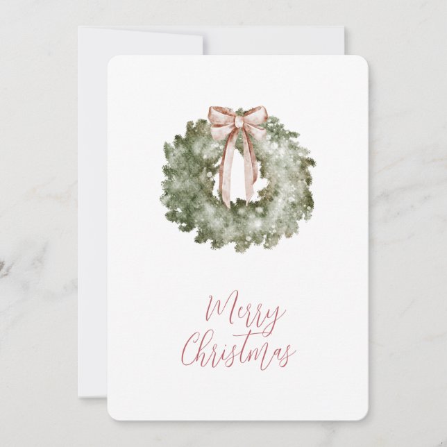 Rustic Christmas Watercolor Wreath and Bow Holiday Card (Front)