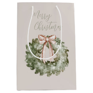 Rustic Christmas Watercolor Wreath and Bow Medium Gift Bag