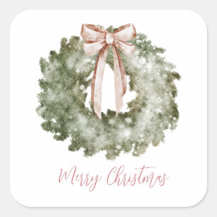 Rustic Christmas Watercolor Wreath and Bow Square Sticker