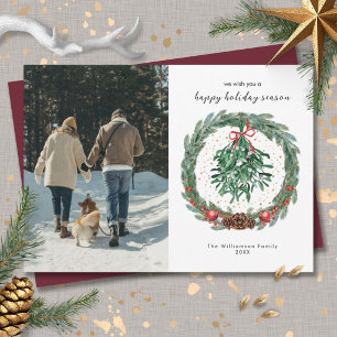 Rustic Christmas Watercolor Wreath Mistletoe Holiday Card