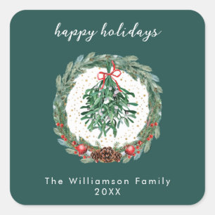 Rustic Christmas Watercolor Wreath Mistletoe Square Sticker