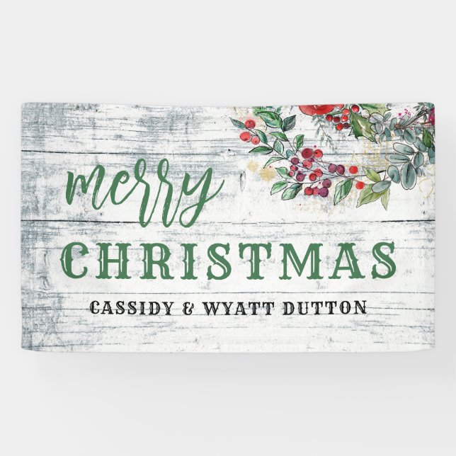 Rustic Christmas Weathered Wood Holly Berries Banner (Horizontal)