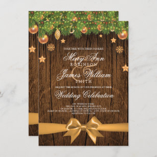 Rustic Christmas Wedding Gold Decorations & Ribbon Invitation