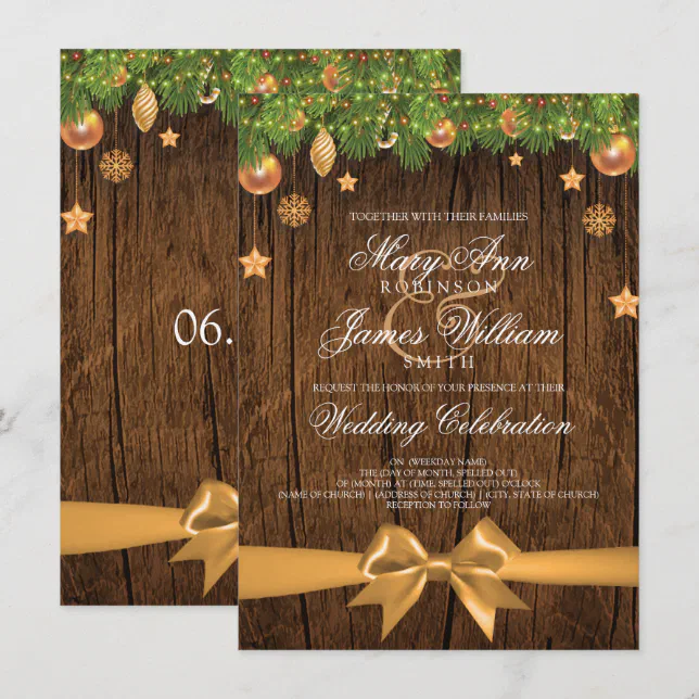 Rustic Christmas Wedding Gold Decorations & Ribbon Invitation | Zazzle