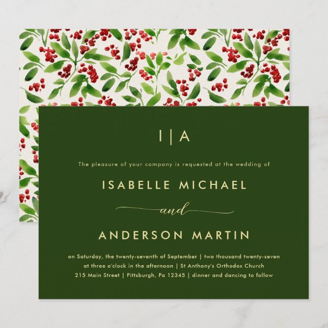 Rustic Christmas Wedding Green Invitation (Front/Back)