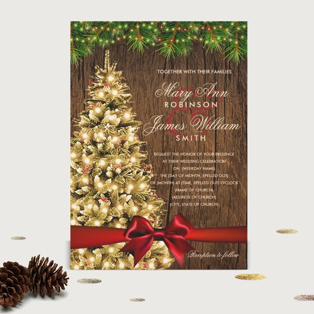 Rustic Christmas Wedding Tree, Lights & Red Ribbon Invitation (Creator Uploaded)