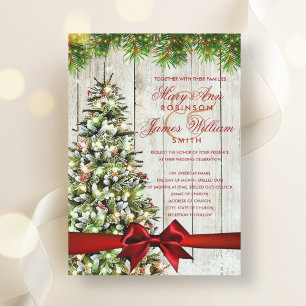 Rustic Christmas Wedding Tree, Lights & Red Ribbon Invitation