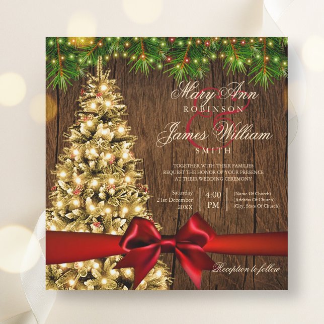 Rustic Christmas Wedding Tree, Lights & Red Ribbon Invitation (Rustic Christmas Wedding Tree, Lights & Red Ribbon Invitation)