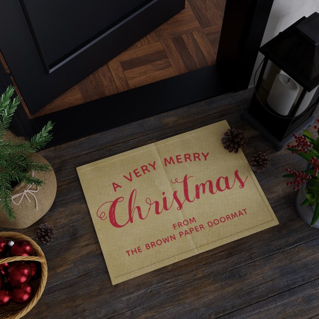 Rustic Christmas Welcome Brown Paper Look Doormat (A very merry Christmas doormat. Just add your name)