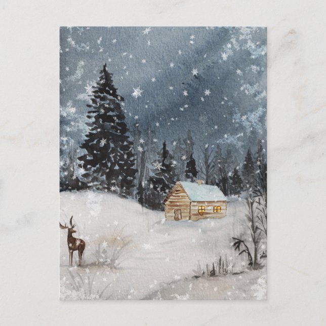 Rustic Christmas Winter Night Snow Cabin Deer Holiday Postcard (Front)