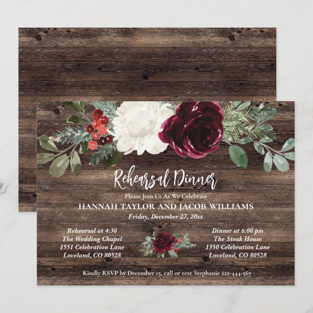 Rustic Christmas Winter Wedding Rehearsal Dinner Invitation (Front/Back)