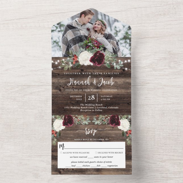 Rustic Christmas Winter Wood Photo Wedding All In One Invitation (Inside)