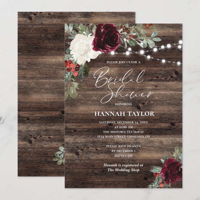 Rustic Christmas Wood Winter Bridal Shower Invitation (Front/Back)