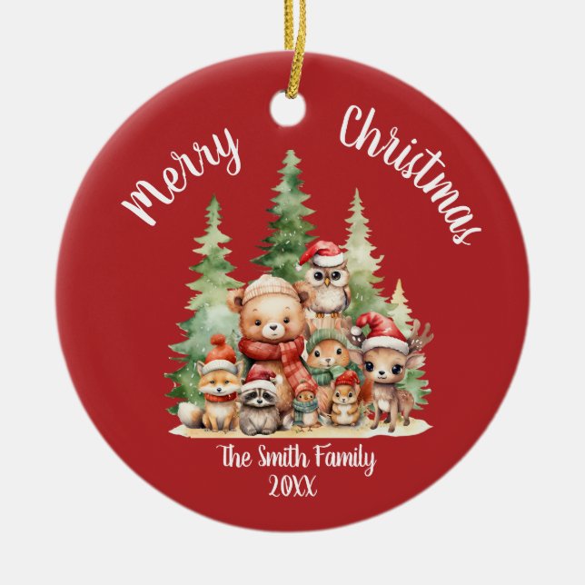 RUSTIC CHRISTMAS WOODLAND ANIMALS CERAMIC TREE DECORATION (Front)