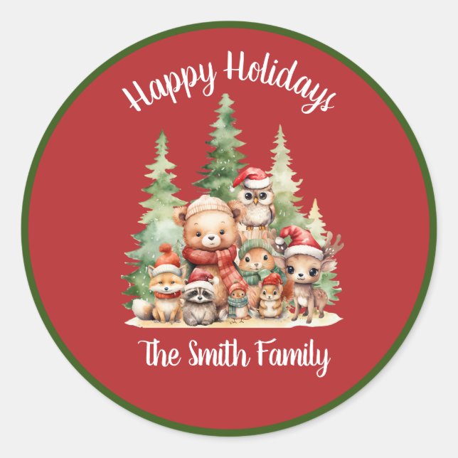 RUSTIC CHRISTMAS WOODLAND ANIMALS CLASSIC ROUND STICKER (Front)