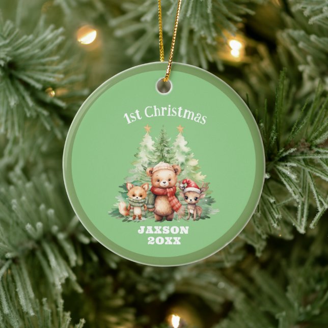 RUSTIC CHRISTMAS WOODLAND ANIMALS PERSONALIZE CERAMIC TREE DECORATION (Tree)