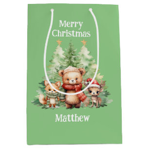 RUSTIC CHRISTMAS WOODLAND ANIMALS PERSONALIZE MEDIUM GIFT BAG