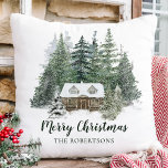 Rustic Christmas Woodland Cabin Cushion<br><div class="desc">Add a personalised rustic woodland touch to your holiday home decor with this Merry Christmas pillow,  featuring a cosy winter cabin nestled in the snowy pine forest. Please see the collection for more matching products.</div>