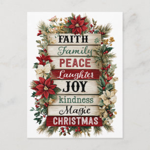 Rustic Christmas Word Art – Family, Laughter Postcard