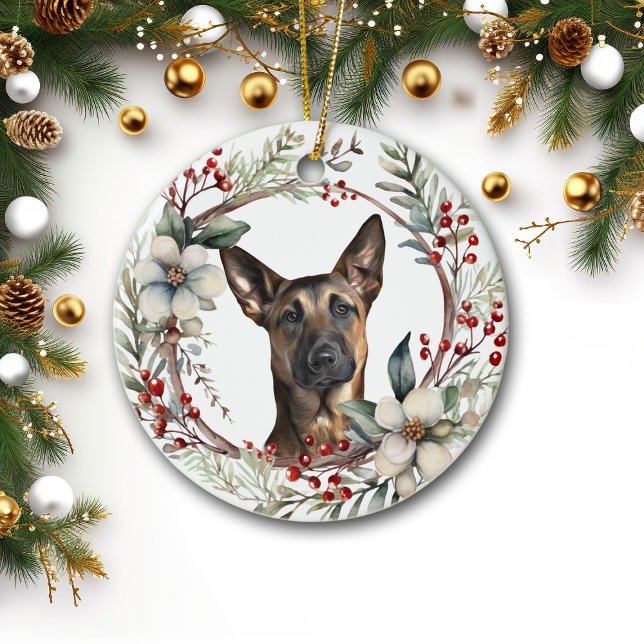 Rustic Christmas Wreath Belgian Malinois Dog Ceramic Tree Decoration (Creator Uploaded)