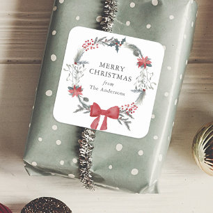 Rustic Christmas Wreath Custom Family Name Holiday Square Sticker