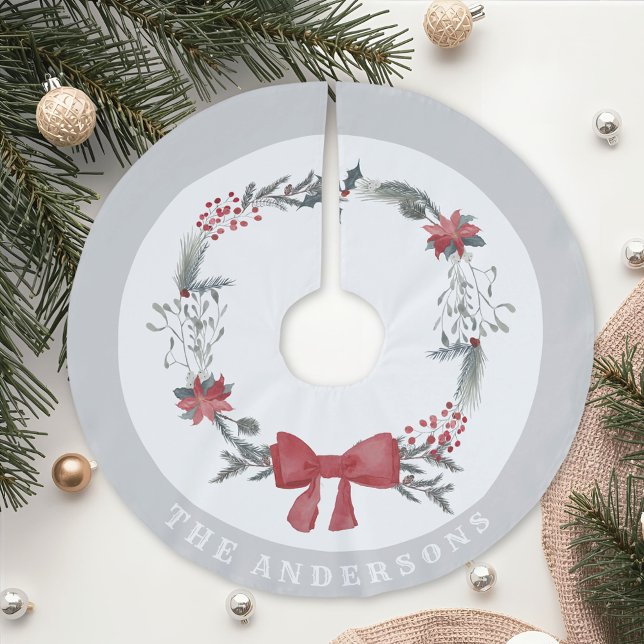 Rustic Christmas Wreath Family Name Brushed Polyester Tree Skirt (Creator Uploaded)