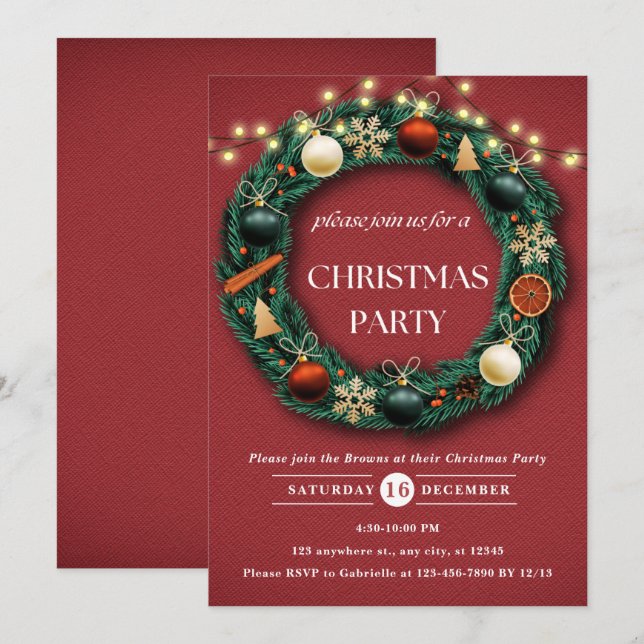 Rustic Christmas Wreath Festive Christmas Party Invitation (Front/Back)