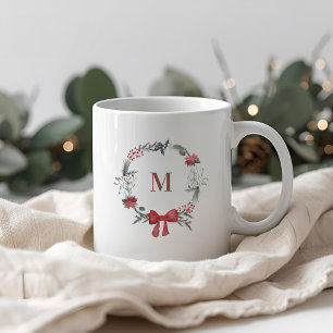 Rustic Christmas Wreath Initial Holiday Gift Coffee Mug