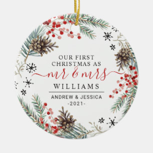 Rustic Christmas Wreath Mr. & Mrs. Photo Ceramic Ceramic Tree Decoration