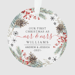 Rustic Christmas Wreath Mr. & Mrs. Photo Ornamen Ornament