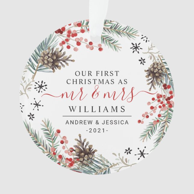 Rustic Christmas Wreath | Mr. & Mrs. Photo Ornamen Ornament (Front)